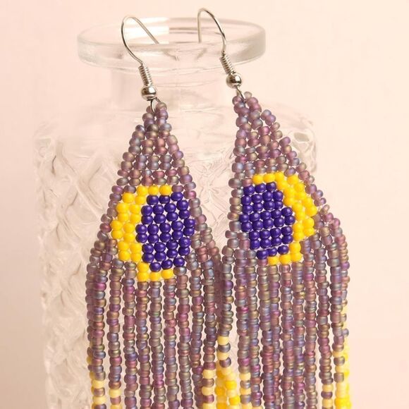 Moon Boho Seed Bead Tassel Dangling Statement French Wire Hook Earrings - Picture 4 of 9